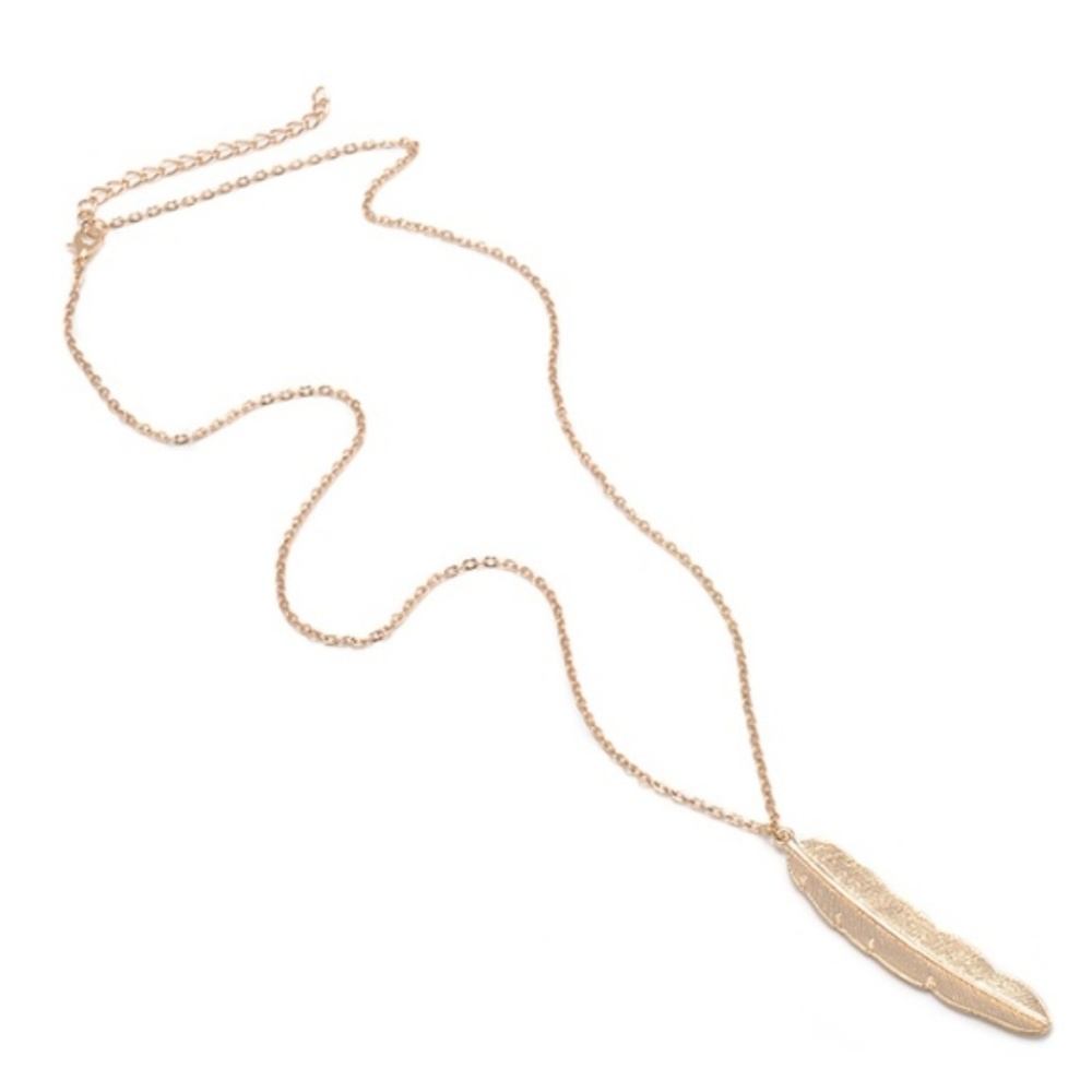 Boho Long Gold Feather Pendant Necklace NEW!